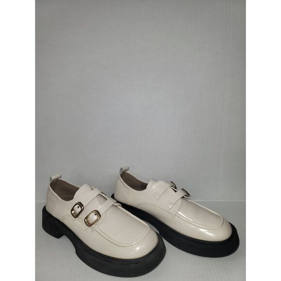 Vgt Womens Buckle Loafers  Retro College Ivory Black Thick Sole Platform US 8.5 - Picture 1 of 5
